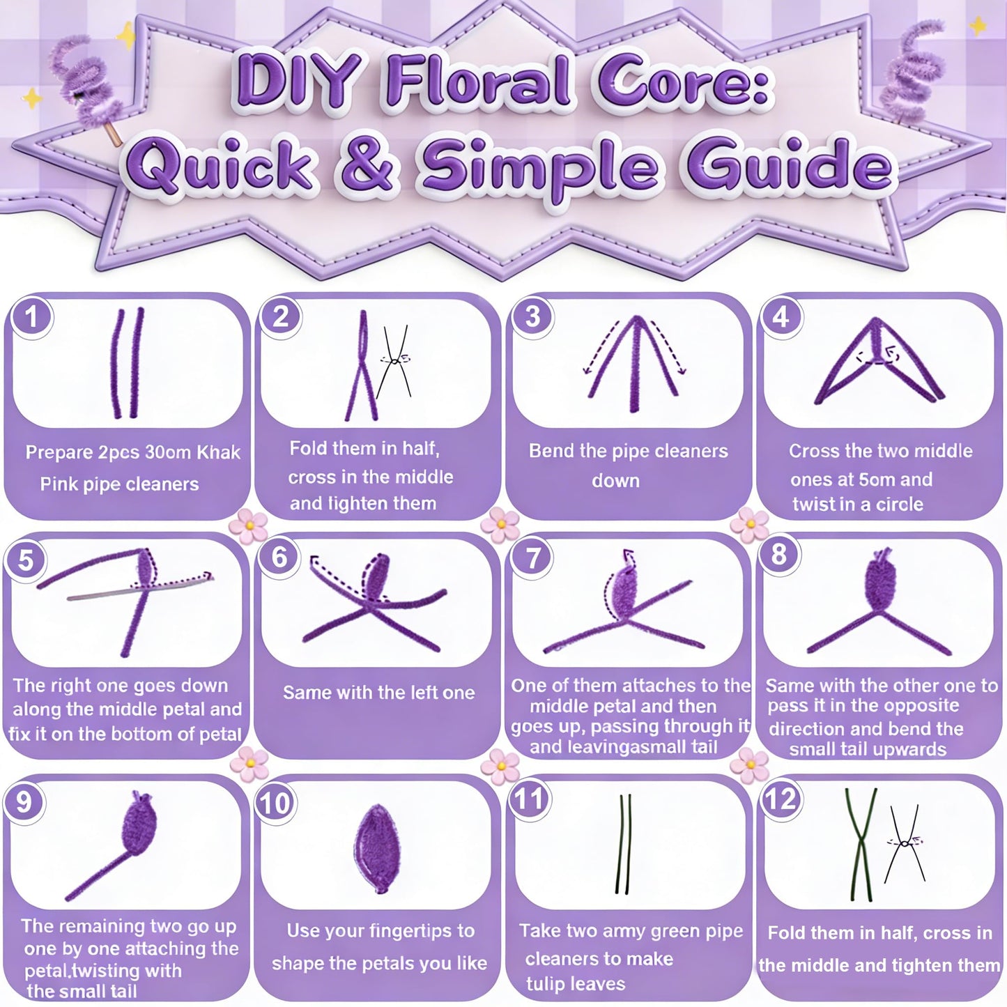 ZFTFZ Purple DIY Pipe Cleaners Bluk Craft - 500pcs Chenille Stems (6 Colors), 25 Floral Stems & Stamen - Includes Mesh, Wrapping Paper & Gift Box for Handmade Rose/Tulip Art