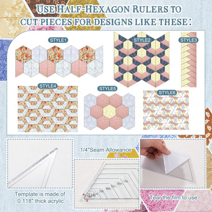 Kigley 8 Pcs Half Hexagon Quilting Templates and Rulers 1/1.5/2/3/4/5/6/7 Inch Acrylic Quilting Ruler with 1/4 Inch Seam Allowance for Cutting Pattern DIY Sewing Craft(Clear)