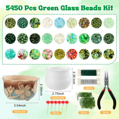 Tarklanda 5450 Pcs Green Glass Beaded Plant Kit, Crystal Leaf Flower Beads for Jewelry Making DIY Crafts Kit for Forever Plant Lovers Women Gifts with Plant Pot