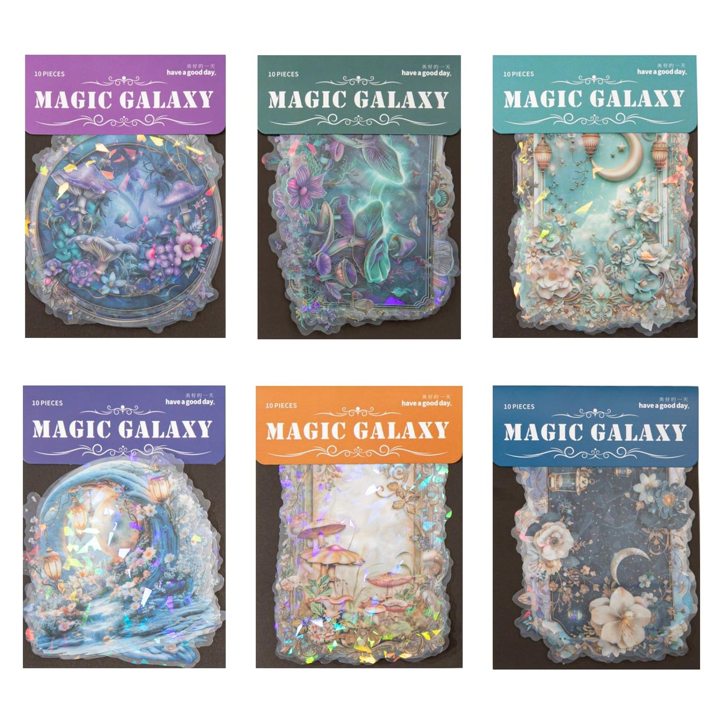 Doukado 60 PCS Exquisite Magic Milky Way Glitter Shiny PET Sticker Set, Decorative Large Size Shell Shine Stickers for Scrapbooking, Journaling, Waterproof DIY Crafts and Junk Journal Supplies