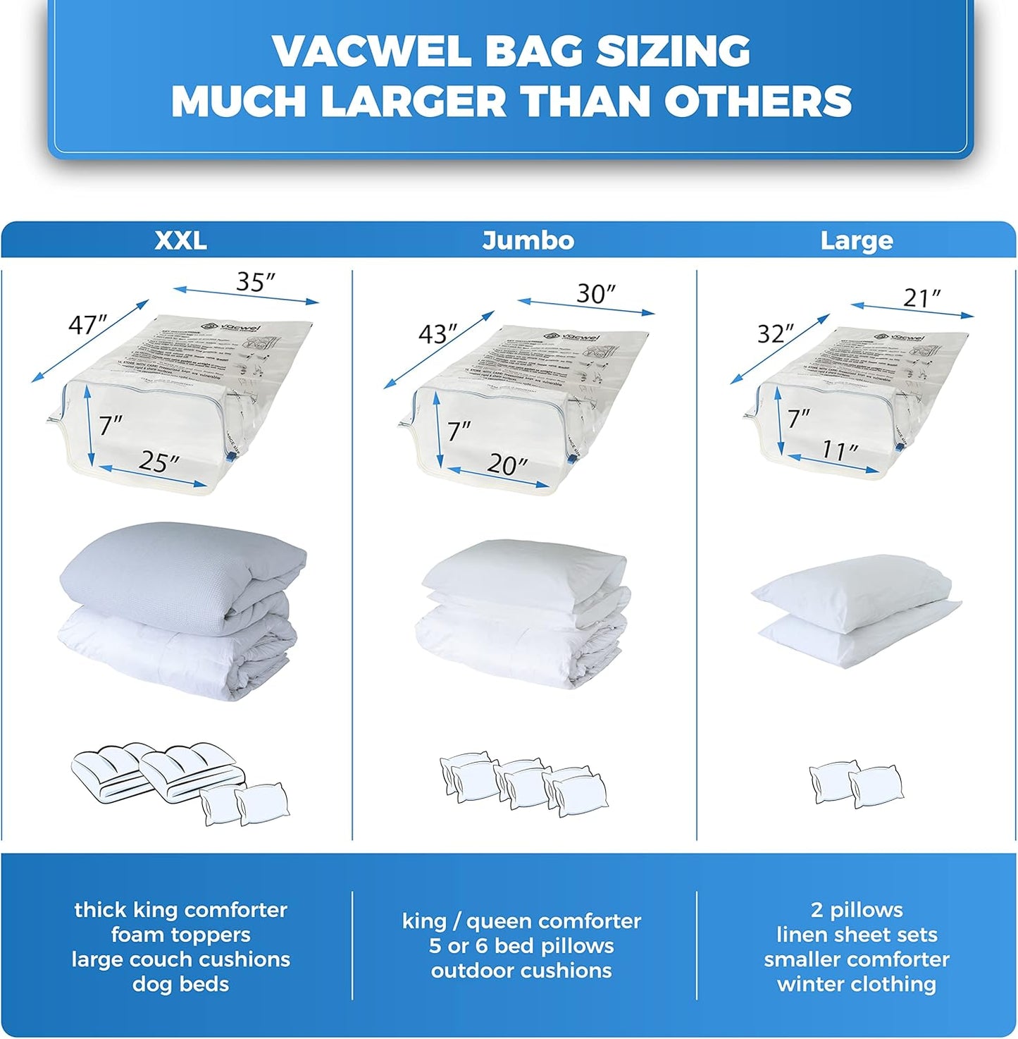 3-Pack XXL Vacuum Storage Bags - Space Saver Bags for Clothes Storage, XL Comforters, 3x XXL Bags (47x35in)