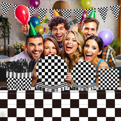 170 Pcs Race Car Birthday Party Decorations Black and White Checkered Plates and Napkins, Checkered Party Supplies Serves 24
