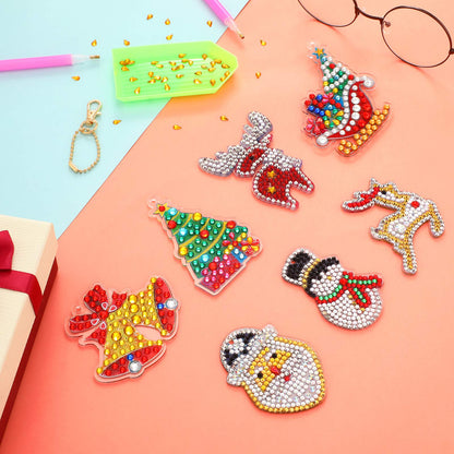 WILLBOND 16 Pieces Christmas Diamond Key Chain Kits Double Sided Diamond Art Keychain Bulk Diamond Christmas Ornament 5D Diamond DIY Painting Key Ring Pendant Christmas Tree for DIY Christmas Decor