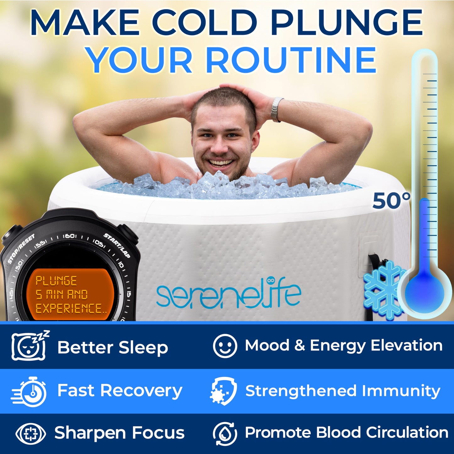 SereneLife Inflatable Cold Plunge Tub Ice Bath, 85 Gal One Person Ice Bath Tub with Lid, Drop Stitch PVC, Double Layer Seals, Heavy Duty Cold Plunge for Athletes