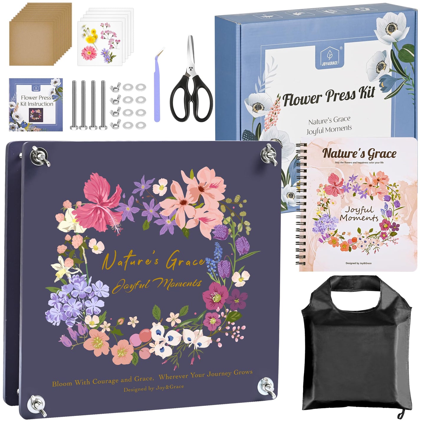 Joy&Grace Flower Press Kit for Adults, with Designed Cover and DIY Album, 10.9" x 10.9" 10 Layers Flower Preservation Kit, Plant Press and Large Plant Drying Toolkit (Color Box, Purple Navy)