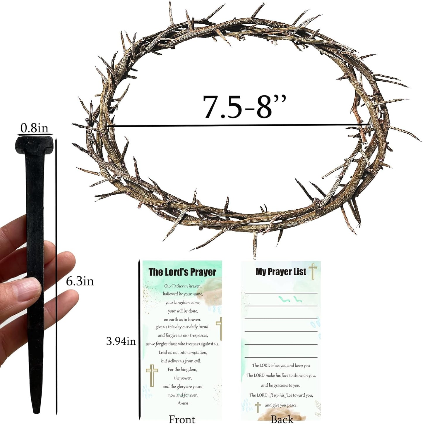 Skiennix Crown of Thorns Set - 5 Pcs with 8'' Jesus Thorn Crown & 3 Crucifix Nails | Easter Christian Decor