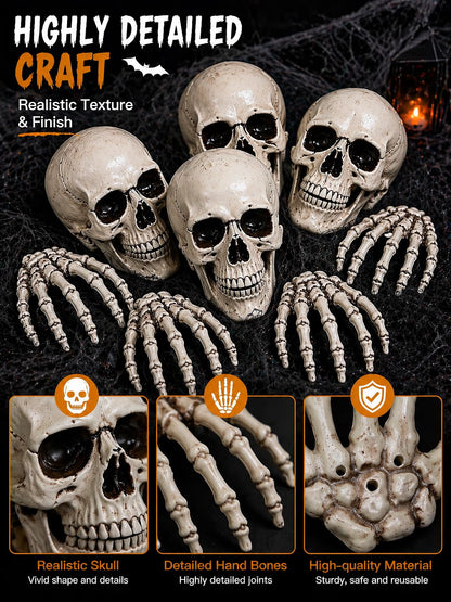 Sivlnian Halloween Skull Decorations Set, 8 Pack Skeleton Heads with Hands, 4.3 Inch Miniature Human Skull Heads, Spooky Haunted House Props for Halloween Party, Yard and Indoor Decorations, Plastic