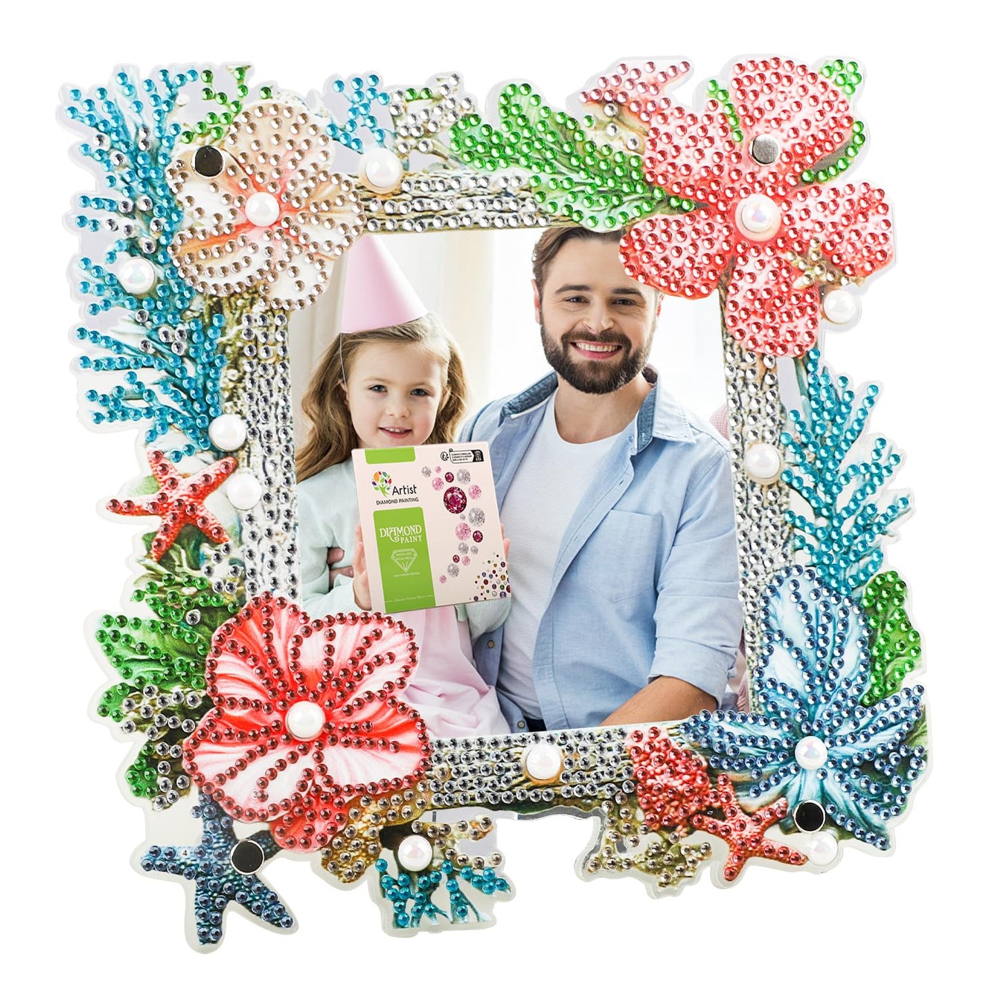AIRDEA 5D Diamond Art Painting Desktop Photo Frame Ornament,Special Shape Diamond Painting Frame Kits for Adults,8x8in/20x20cm,Corals Starfish