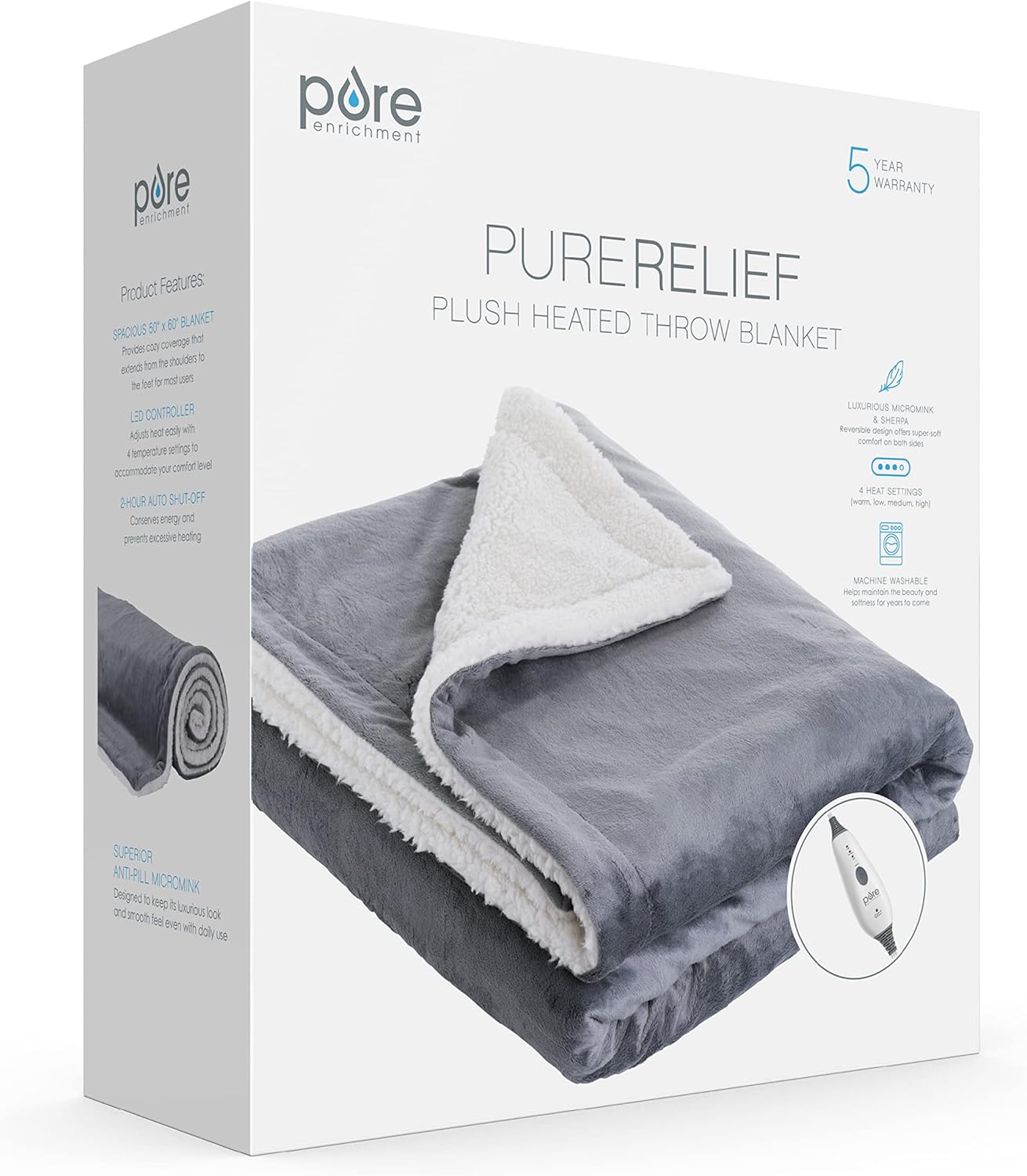 Pure Enrichment PureRelief Plush Heated Throw (50” x 60”) - 4 InstaHeat™ Settings, Soft Micromink & Sherpa Fabric, Machine Washable with Storage Bag - Cozy Electric Blanket for Couch or Bed Use