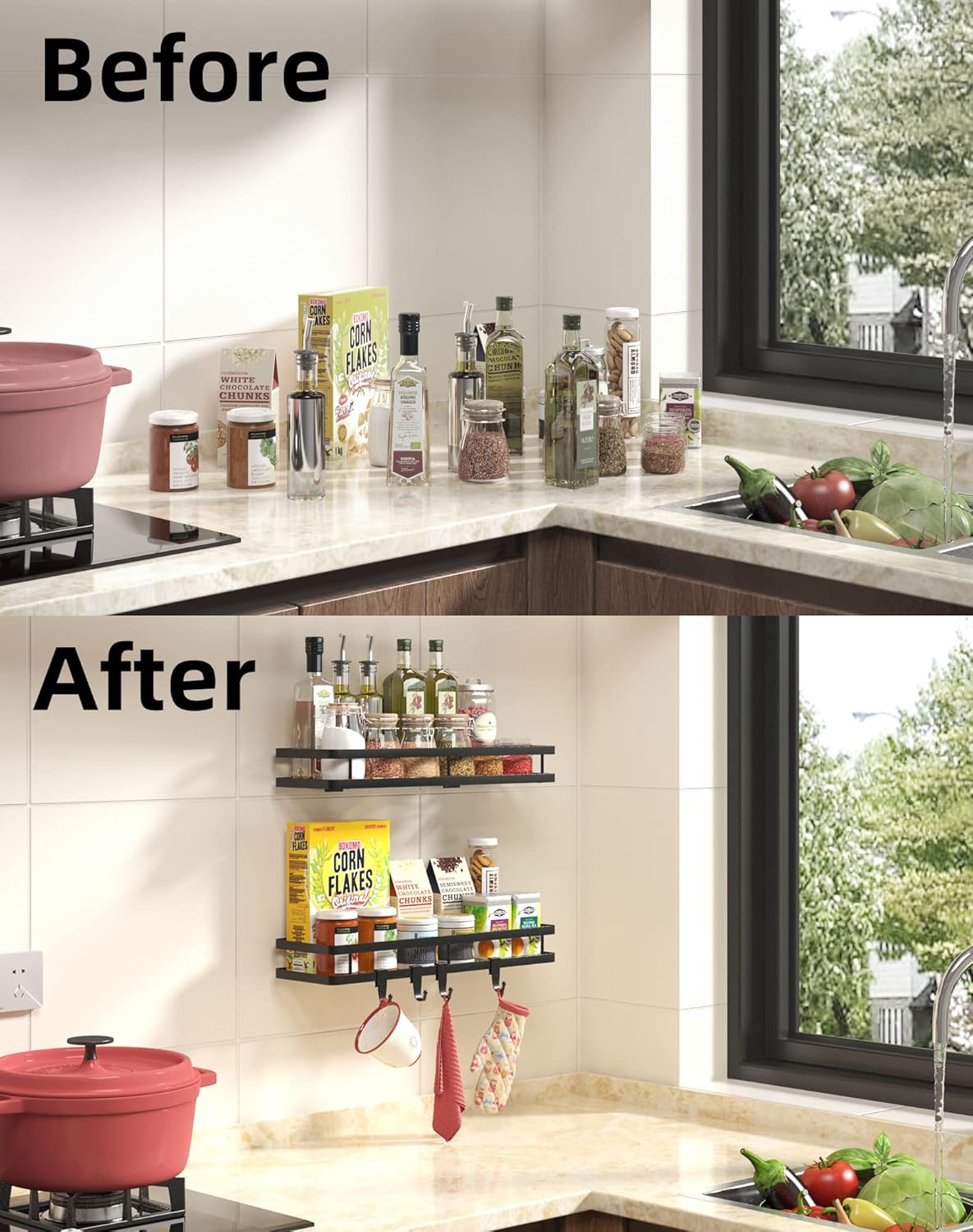 15.7in 2Pack 4 Spice Rack Organizer Wall Mount - [Upgraded Version] Hanging Seasoning Organizer Shelf with Paper Towel