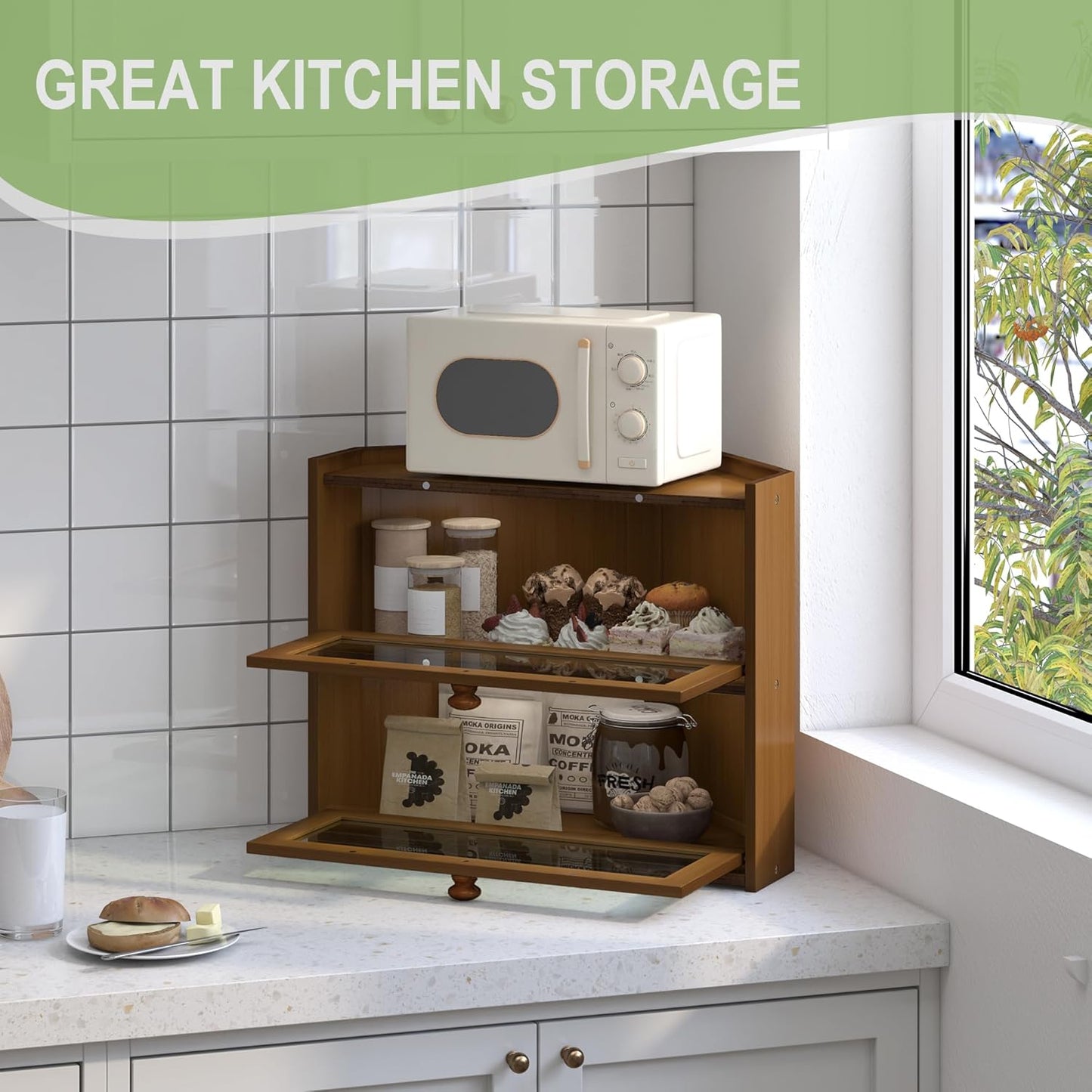 Countertop, JANSNIMEN Corner Bread Box for Kitchen Large Bread Container Storage Bamboo Wooden Farmhouse Bread Box