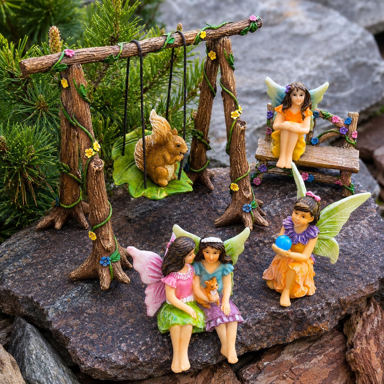 Mood Lab Fairy Garden Figurines with Swing - Miniature Accessories Set (6 pcs) - Outdoor Indoor Garden Decor
