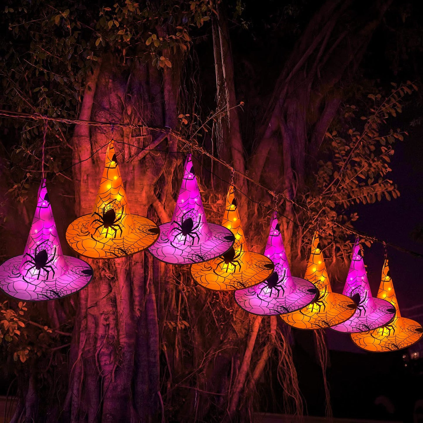 WATERGLIDE Halloween Decorations 8 Pcs Lighted Hanging Witch Hats, with 8 Modes Light Up 16 FT Halloween String Lights, for Indoor Outdoor Yard, Lawn, Graveyard Scenes Party