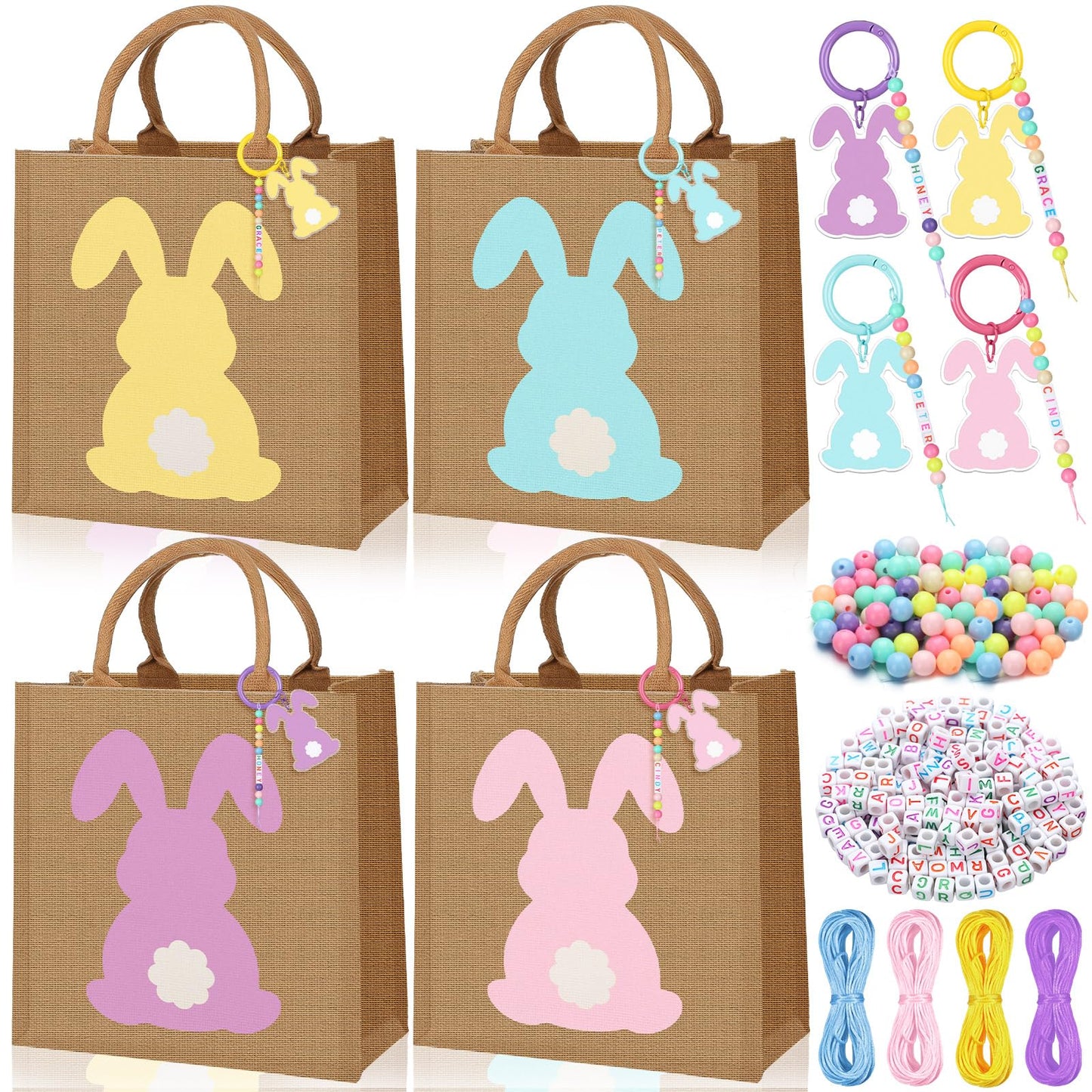 Hillban 4 Sets Personalized Easter Burlap Gift Bags Reusable Large Egg Hunt Bunny Tote with Handles and DIY Name Beads Keychain Making Kit for Women Jute Baskets for Easter Party Favors Gifts Storage