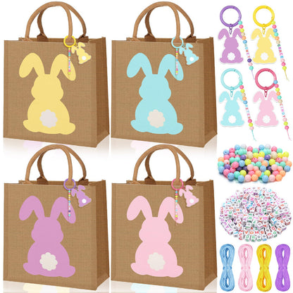 Hillban 4 Sets Personalized Easter Burlap Gift Bags Reusable Large Egg Hunt Bunny Tote with Handles and DIY Name Beads Keychain Making Kit for Women Jute Baskets for Easter Party Favors Gifts Storage