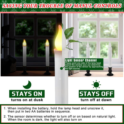 Baquler 8 Pcs Christmas LED Window Candles with Sensor Dusk to Dawn Light Sensor 9.37 Inches Cordless Flameless Battery Taper Candles with Flickering Amber Flame for Xmas Home Decor(Black)