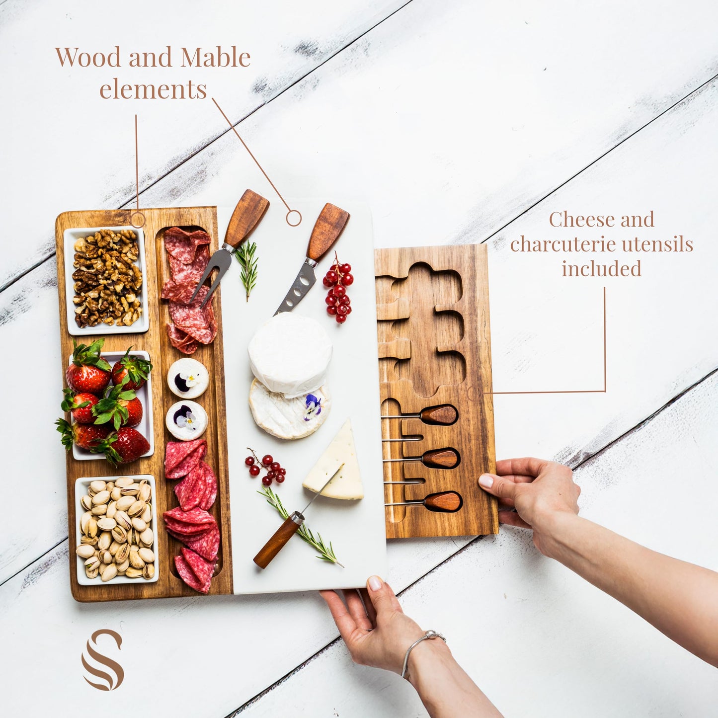 Shanik Wood - Marble Cheese Board Set with 3 Ceramic Bowls - Stainless Steel Cutlery Set, Charcuterie Board Set & Gift for Any Occasion (Without Engraving)