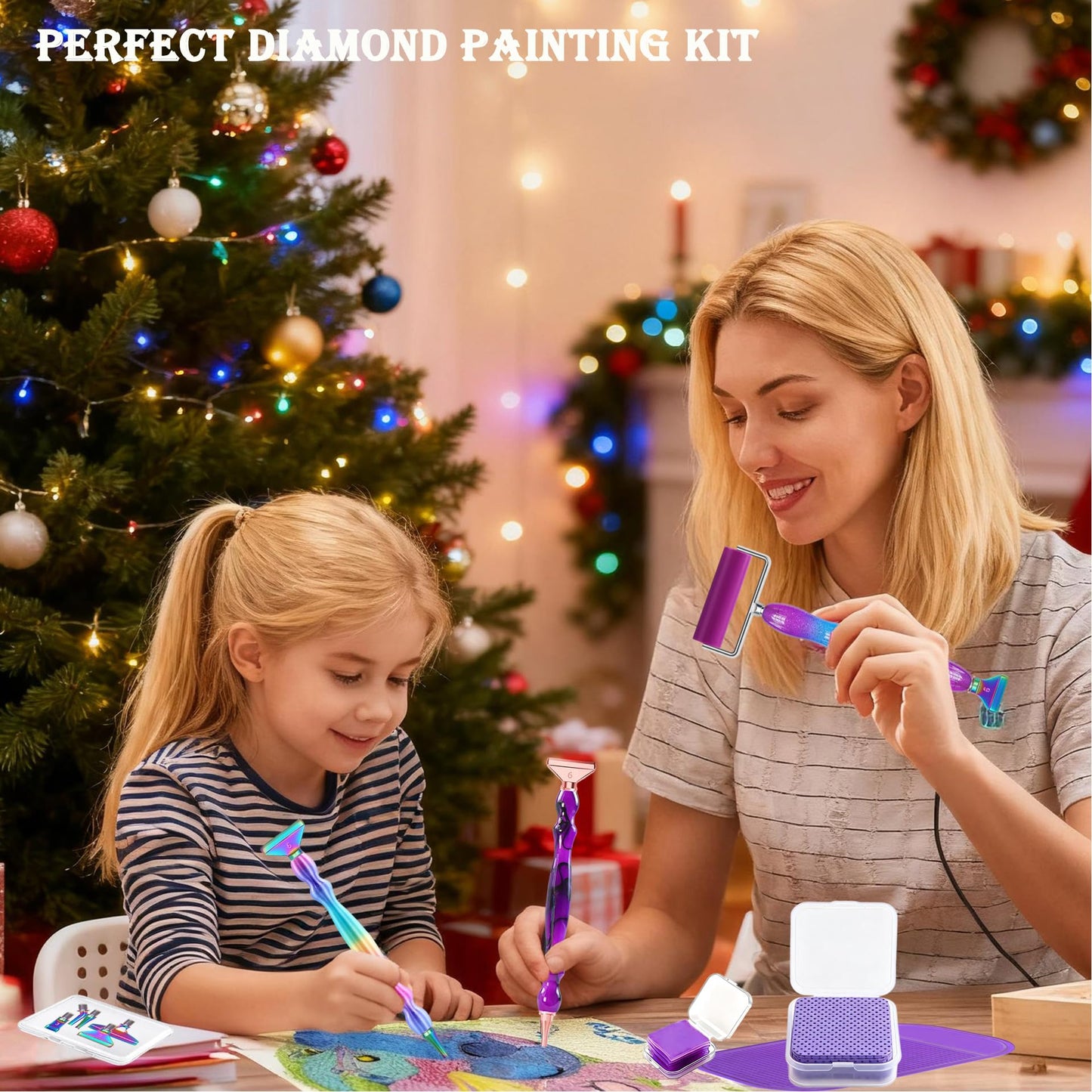jecxucci Diamond Painting Art Drill Bead Dot Pen Kit with 6pcs Stainless Steel Tips, 6 Glue Clays, Diamond Art Roller and 50Pcs Cleaner Paper, 5D Diamond Painting Trays Sticky Pad (Purple + Rose Red)