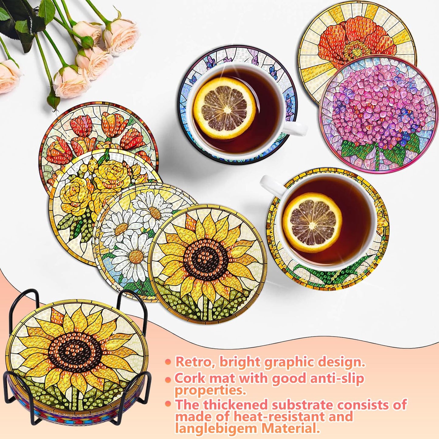 8 Pcs Flower Diamond Art Coasters Kit for Adults, Flowers Diamond Painting Coasters with Holder, 5D Gem Art DIY Crafts Diamond Dots for Gift Life
