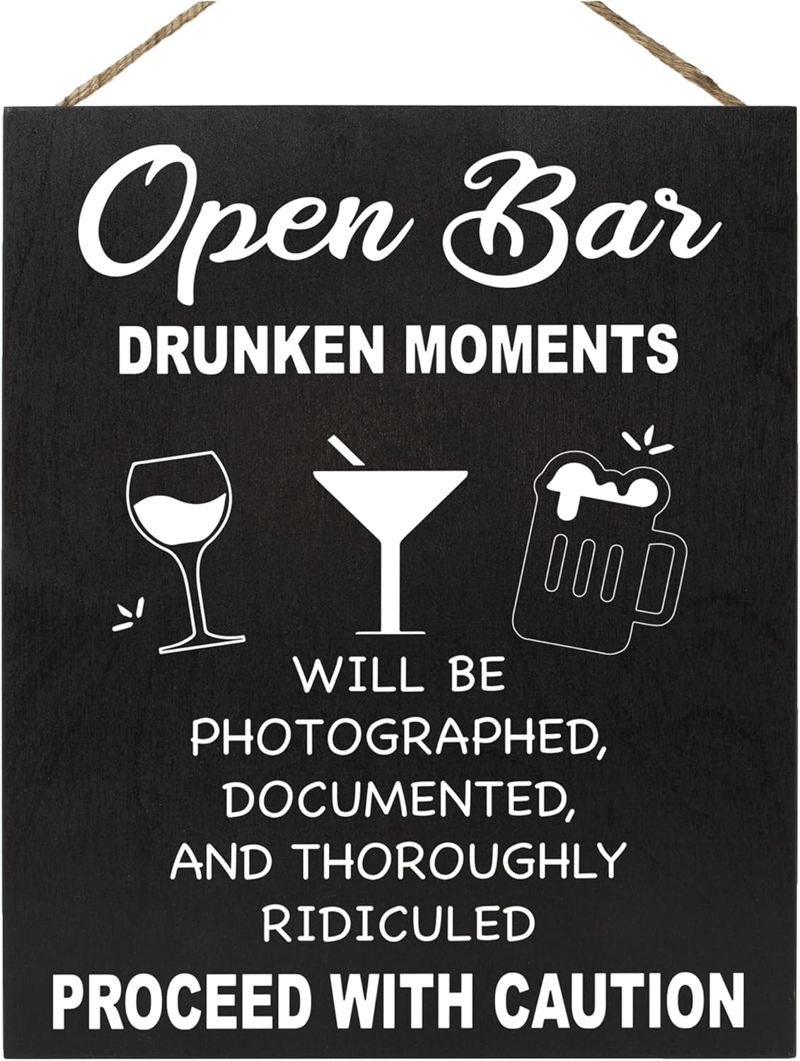 JennyGems Open Bar Hanging Wood Sign | Funny Wedding Reception Decor, Drunken Moments Will Be Photographed