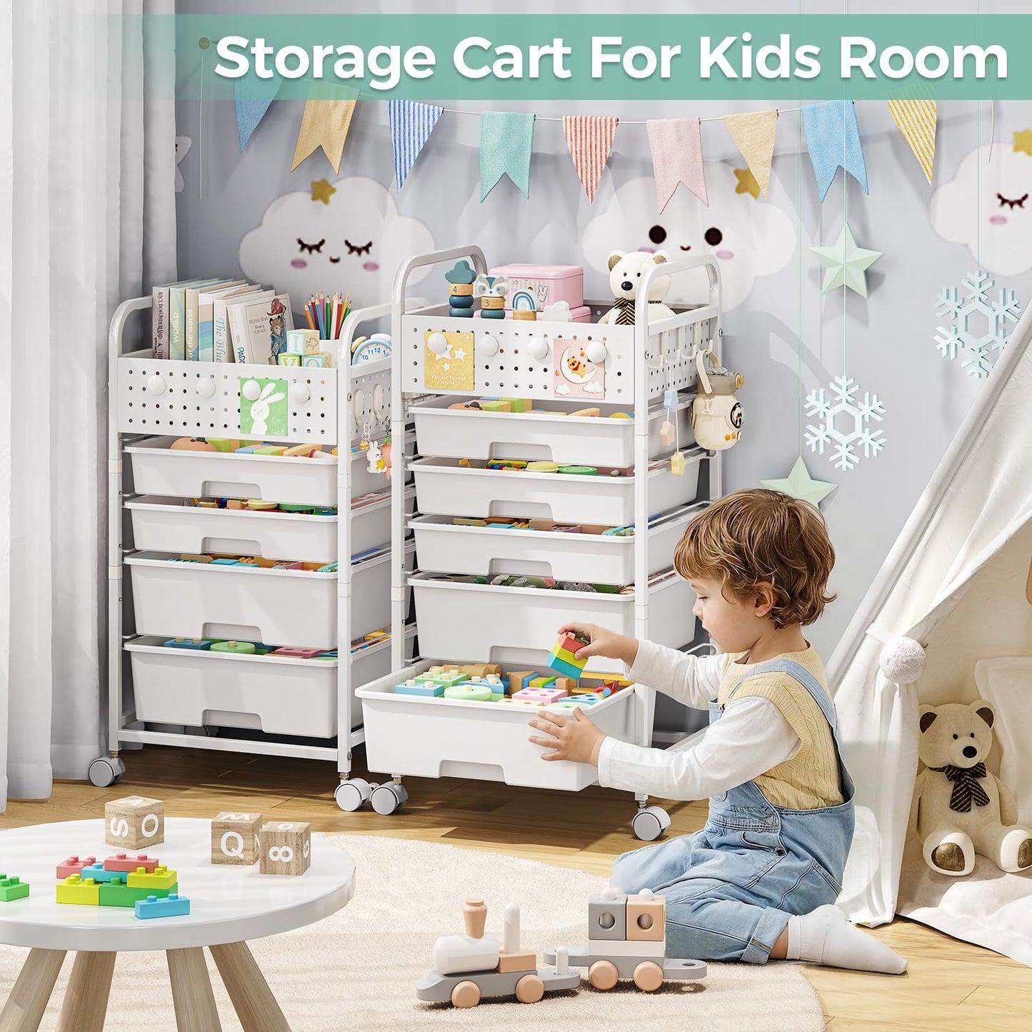 SYKIARIOL 4 Drawer Rolling Storage Cart with Pegboard Top and Hooks, Mobile Organizer Cart with Wheels for Office Supplies, Craft Storage, Classroom Organization, Home Utility Cart, White