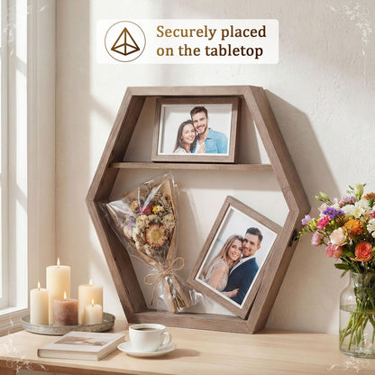 Bucherry 16 Inch Huge Wooden Shadow Box Frame with Acrylic Panel, Shelves, Hangable Brown Deep Shadow Boxes Memory Display Cases with Lanyard and Metal Hook for Wedding Keepsakes, Photos (Hexagonal)