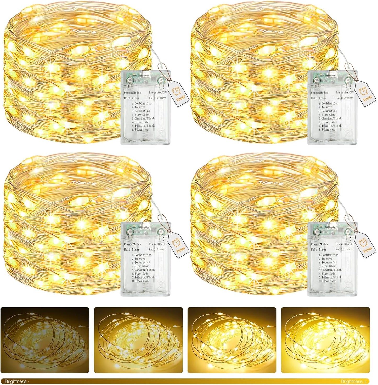 4 Pack 16FT 50LED 8 Dimmable, btfarm Fairy Lights Battery Operated with Timer, Twinkle String Lights Battery Powered