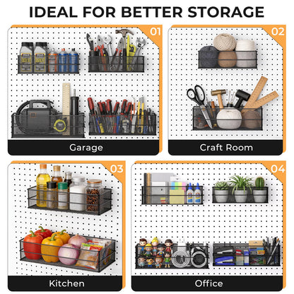 INCLY 4 Pack Upgrade Pegboard Baskets, 4 Sizes Square Style Metal Mesh Pegboard Baskets and Bins, Peg Board Organizer Accessories for Garage Craft Room Office Kitchen