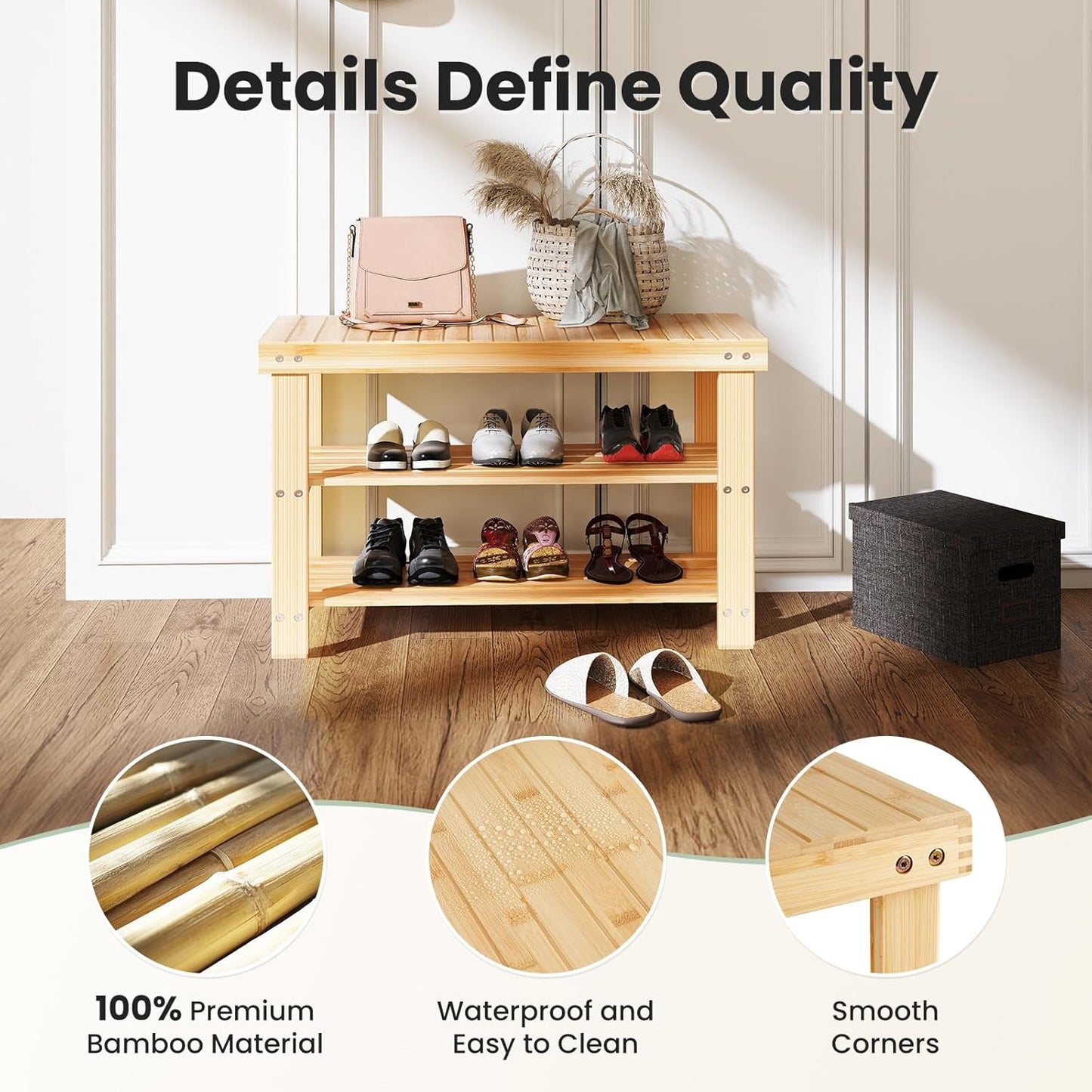 3-Tier 286 lb 11.3 27.6 18 Inches, DUMOS Shoe Rack Bench with Storage, Bamboo Entryway Benches, Wooden Shoe Rack Holds