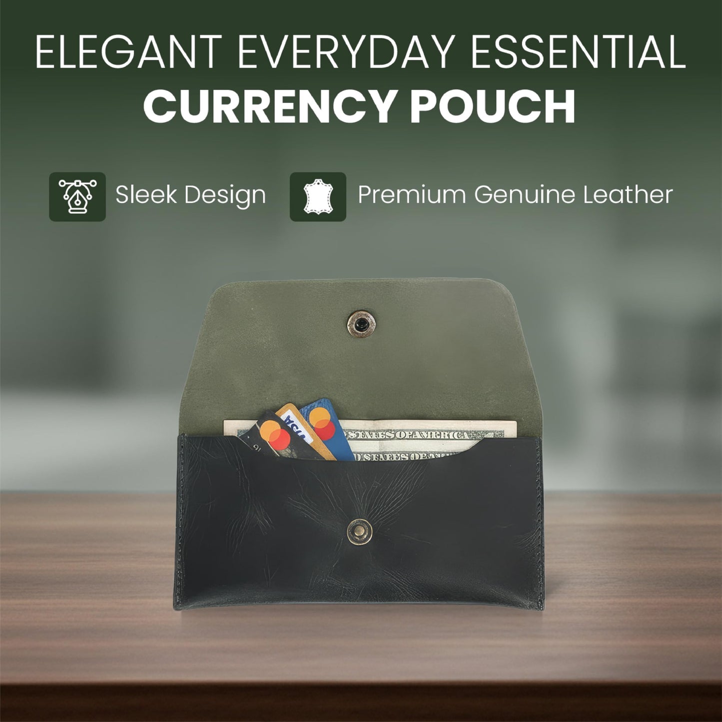 The Antiq Currency Pouch, Genuine Leather Currency Organiser, Handmade Travel Wallet, Utility Pouch, Leather Money Pouch, Leather Currency Envelope (Forest Green), currency_pouch_002_Green