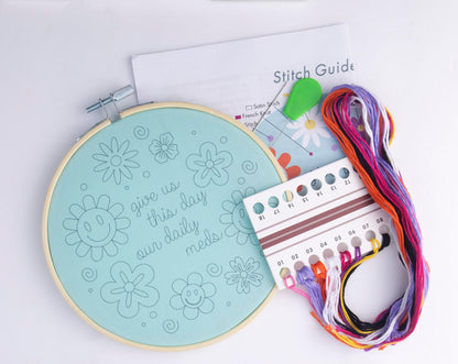 FUNATIC Give Us This Day Our Daily Meds Embroidery Kit | Funny Beginner Needle Work Starter Set for Adults | Fun DIY Arts and Crafts | Cross Stitch Kit with Bamboo Hoop Floss Needle Threader Fabric