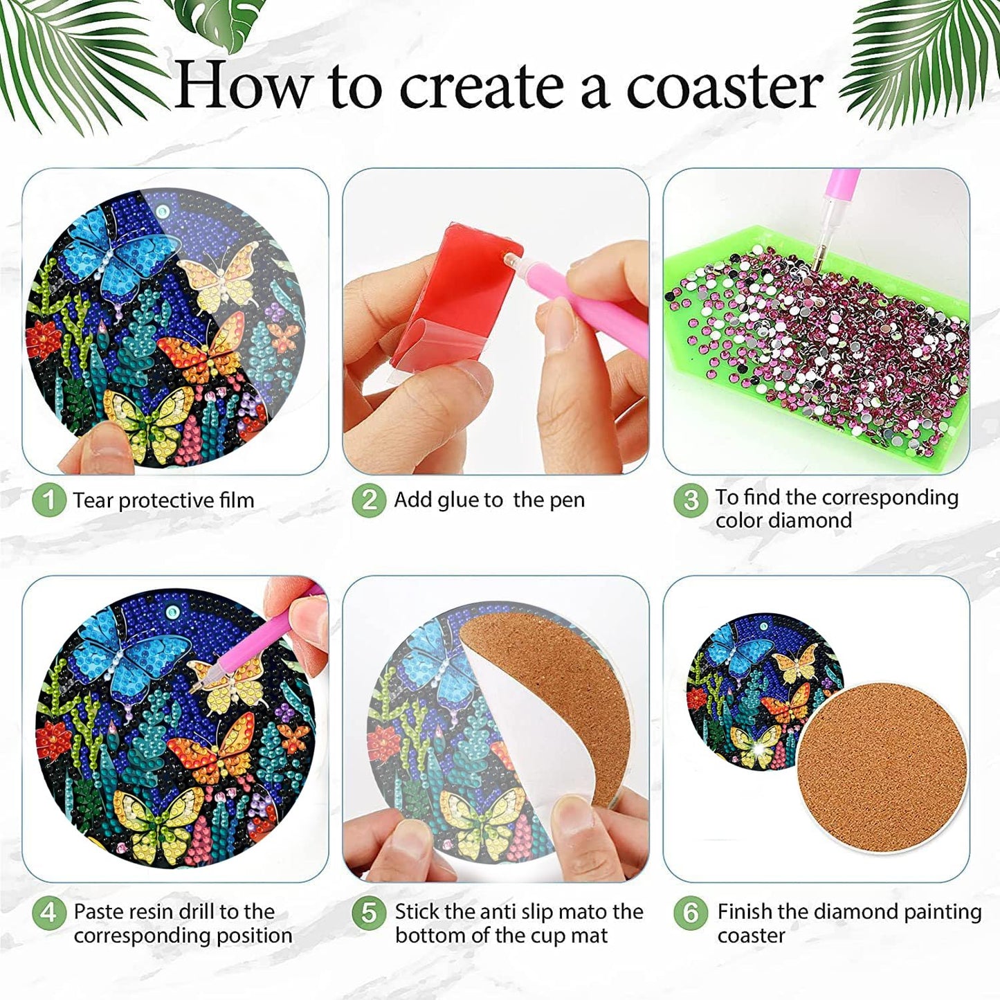 EWJRNSF 8 PCS Diamond Art Coasters Kit, Small Diamond Painting Coasters, Butterfly Diamond Art Kits for Adults Beginners, Arts and Crafts Supplies Item Sets with Holder
