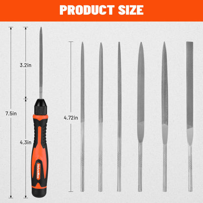 ValueMax 7PCS Interchangeable Needle File Set, Small File Set Includes Flat, Flat Warding, Round, Half-Round, Square, Triangular File and A Handle, Suitable for Shaping Metal, Wood, Jewelry, Plastic
