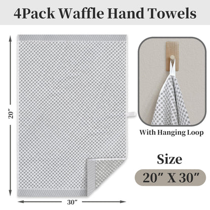 VOOVA & MOVAS 100% Cotton Waffle Large Hand Towels 4PC – Luxury Hand Towels with Hanging Loop 20"x30" | Soft | Absorb | Quick Dry | Lightweight, Durable Bathroom Essentials, White and Gray Waffle