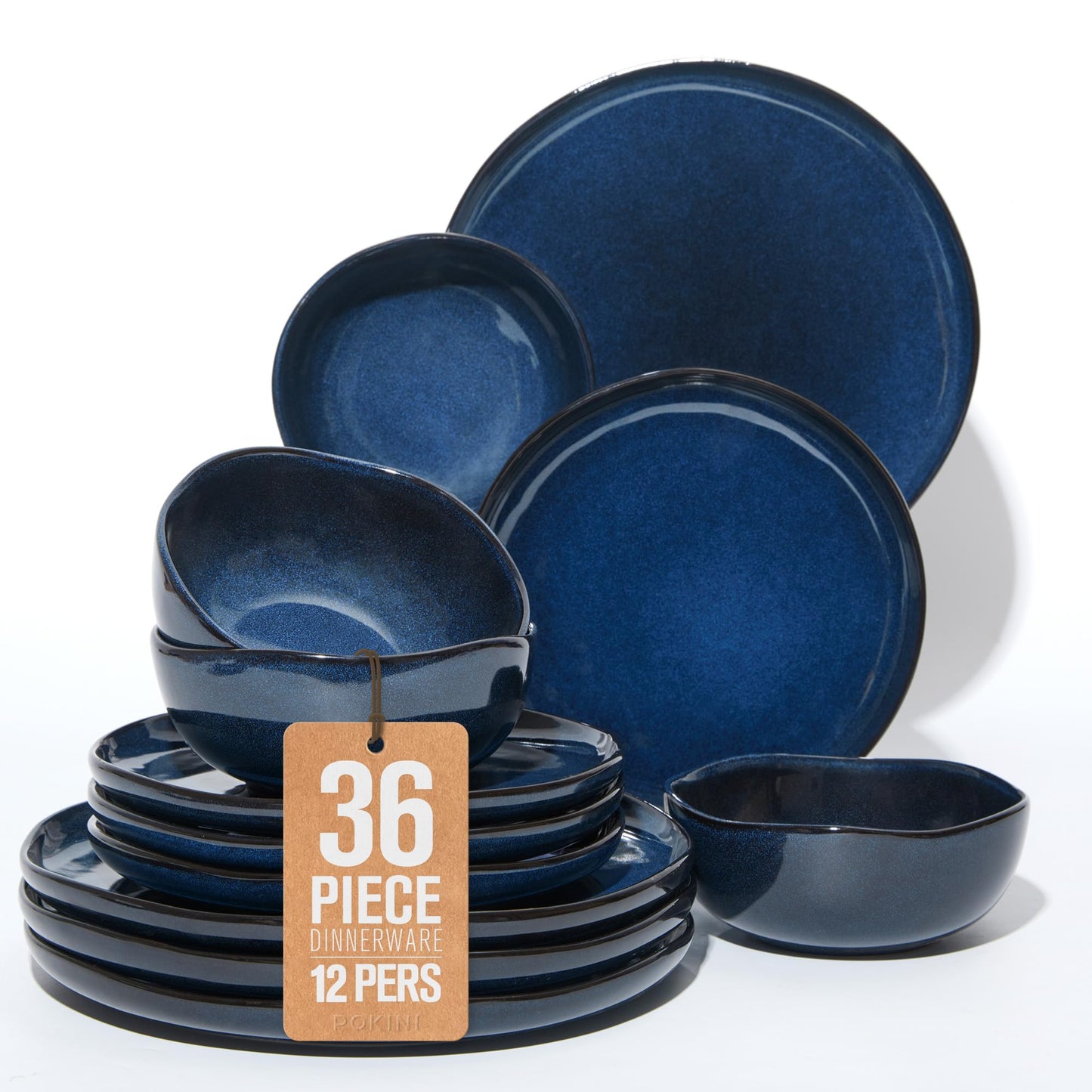 Pokini Extra Large Dinnerware Set for 12, 36 Pieces Ceramic Plates and Bowls Set, Kitchen Dish Set, Microwave & Dishwasher Safe Dishware, Ocean-Inspired Stoneware for Big Gatherings, Starry Blue