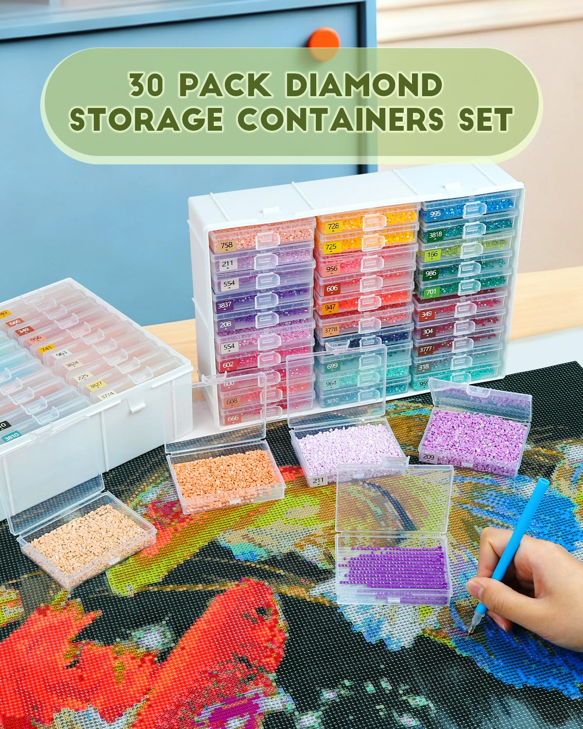 Diamond Painting Trays with Lids and Diamond Art Storage, 60PCS Diamond Art Accessories with Storage Containers, 2-in-1 Drill Storage and Line-Up Tool, 2 Packs 5D Diamond Painting Tools for Beads