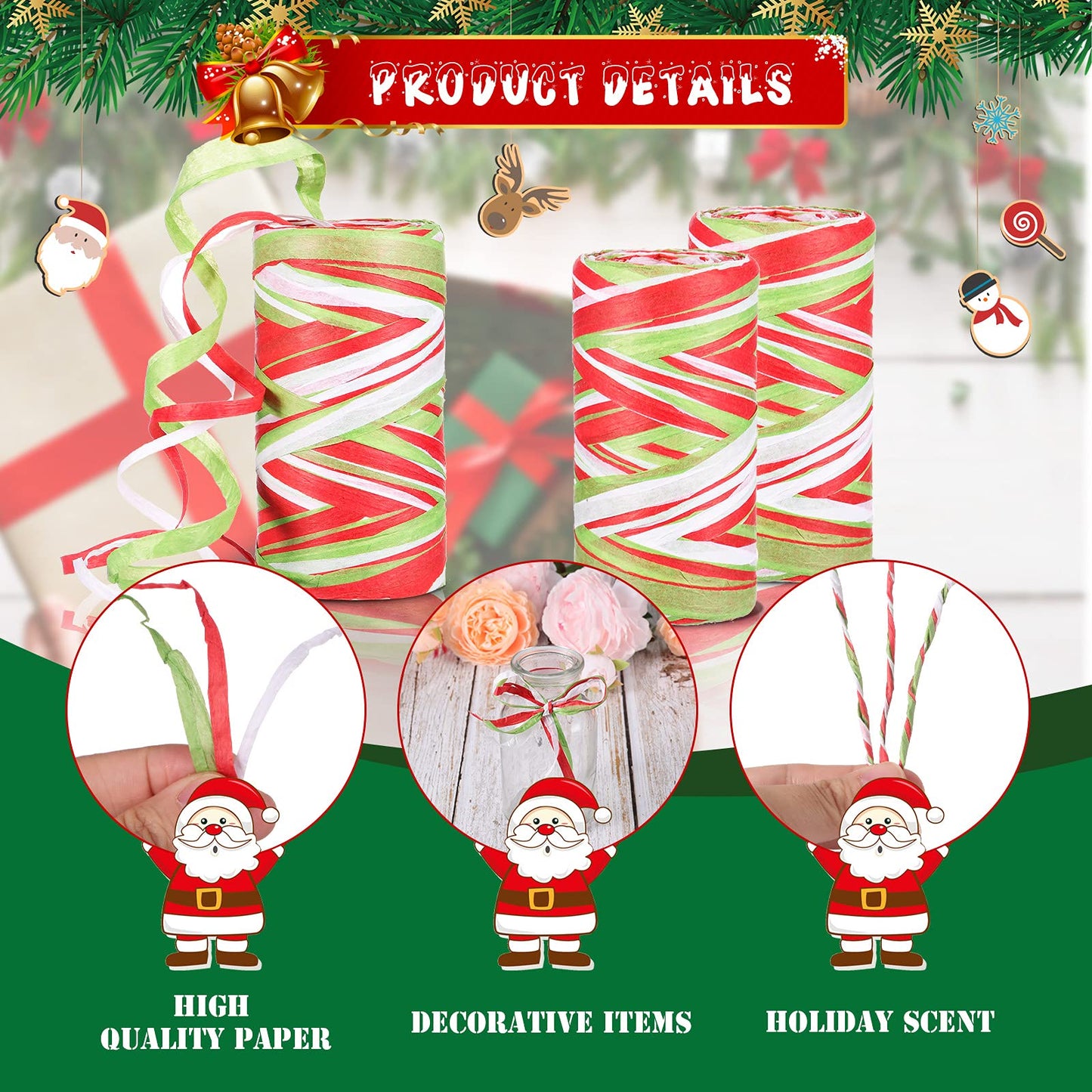 Shappy 2 Rolls Christmas Raffia Ribbon 524 Feet Matte Paper Craft Ribbon Packing Paper Twine Raffia Yarn for Xmas Gifts Wrapping Party Festival Holiday Decor(Light Green, Red, White)