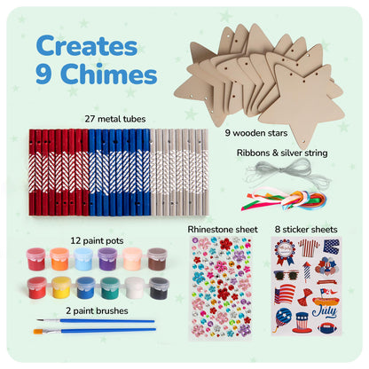 ArtCreativity Patriotic DIY Wind Chime Kit for Kids - 9 Pack - Wooden Wind Chime Set with Paint Kit, Rhinestone Flower Stickers, 105 Stickers, and More - July 4th Arts and Crafts for Kids 3 and Up