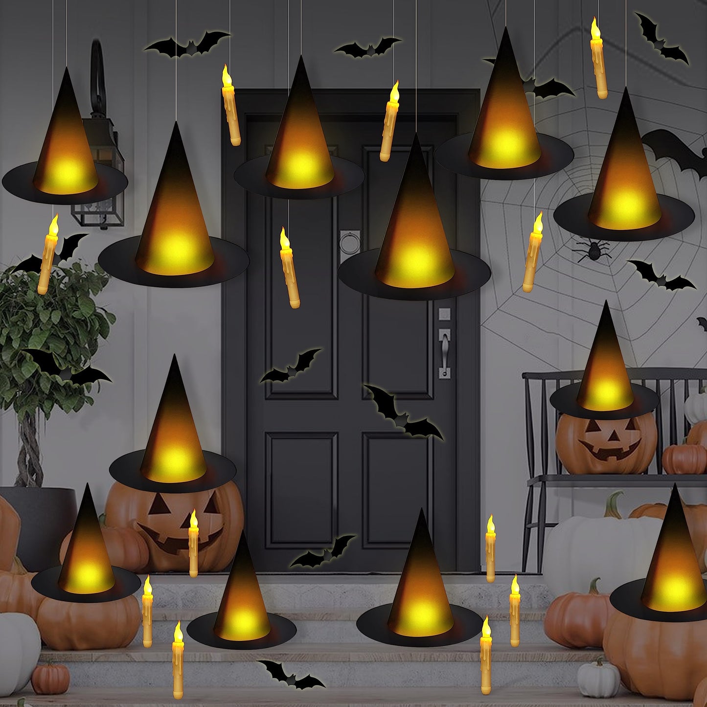 Black Halloween Witch Hat with Light Floating Light Up Witch Hats with Flameless Taper Candles (with Common Remote) 3D Bats Wall Stickers Decorations Witch Costume Accessory for Halloween Party