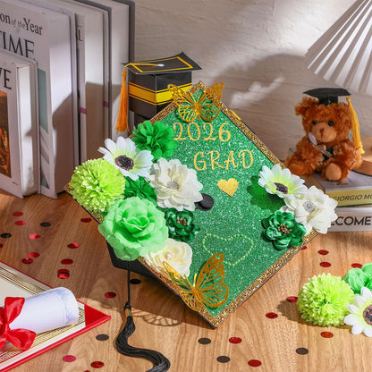 Wavwavw 43 PCS DIY Graduation Cap Decorations Kit, Grad Cap Decorations Included Faux Flowers 3D Butterfly Self Adhesive Rhinestones Stickers Alphabet Letter Stickers for 2026 Grad Party(Green)