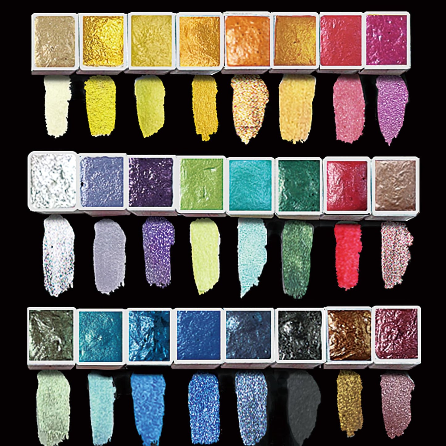 AUK Metallic Watercolor Paints Set for Adult Artists, 24 Glitter Solid Watercolors 2ml Half Pans Metal Case Sparkle Pearlescent Shiny Watercolour Painting Set