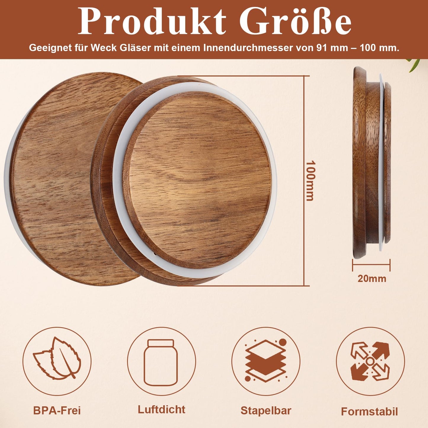 2 Pack Lids for Weck Jars 100mm Opening Acacia Tulip Glass Jar Lid with Silicone Airtight Jar Wooden Lids Fits for Weck Jar Models 738 739 740 741 742 743 744 745 748 974