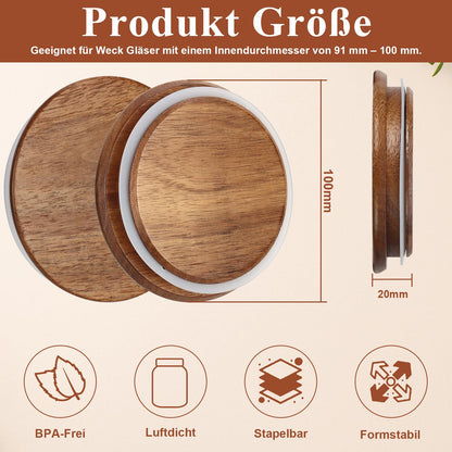 2 Pack Lids for Weck Jars 100mm Opening Acacia Tulip Glass Jar Lid with Silicone Airtight Jar Wooden Lids Fits for Weck Jar Models 738 739 740 741 742 743 744 745 748 974