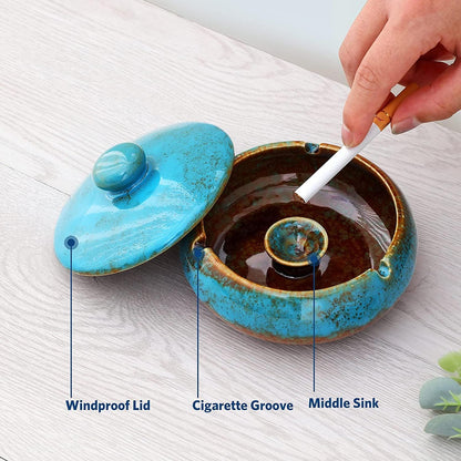 RONXS Outdoor Ashtray with Lid | Windproof Handmade Ceramic Ashtray for Patio, Home Office Indoor Decoration