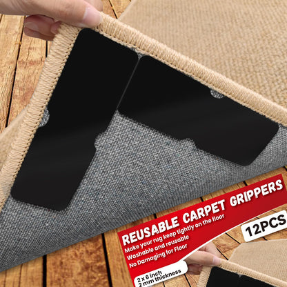 Rug Non Slip Grippers, Reusable Rug Tape, No Damaging for Hardwood Floors, Carpet Grippers Stickers Pads for Area Rugs Corners Flat, 12Pcs