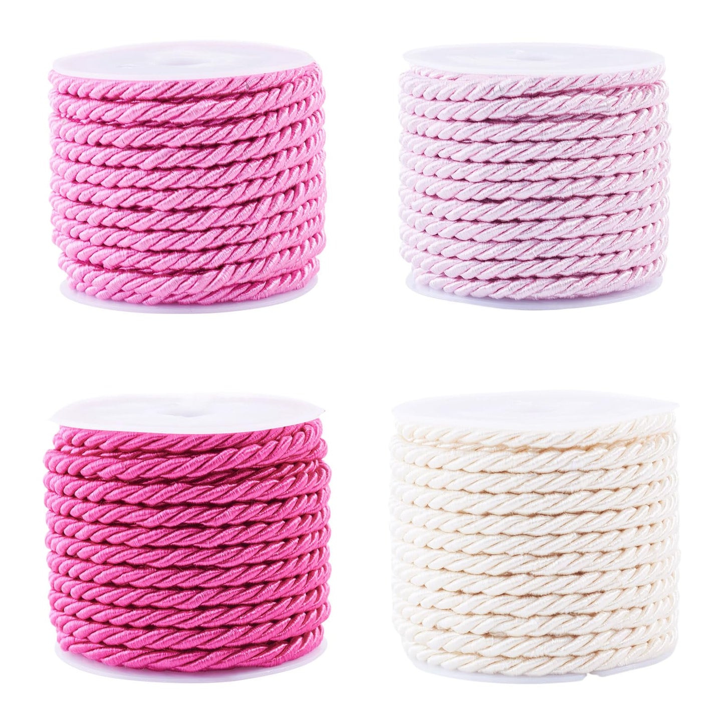 FASHEWELRY 4 Rolls 3mm Pink Twisted Twine Cord Polyester Braided Rope Decorative Thread Strings for Graduation Honor Cord Upholstery Curtain Tieback Home Decoration Bracelet Jewelry Making