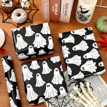 Whaline Halloween Wrapping Paper -Mini Roll- 17 In x 32.8 Ft Groovy Black White Ghost Gift Wrap Paper for Baby Shower Birthday Halloween Wrapping Supplies