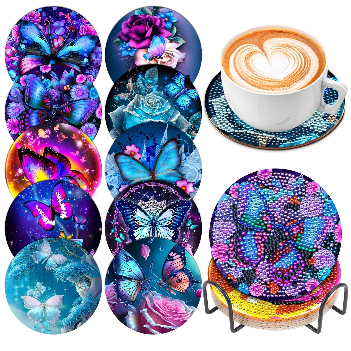 10 Pcs Diamond Painting Coasters, Butterfly Diamond Art Coasters with Holder, DIY Flowers Crafts Kits for Beginners, Adults