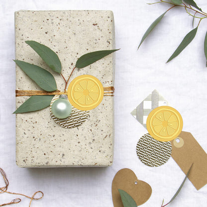 CRASPIRE 2 Inch Envelope Seals Stickers Lemon Fruit Citrus Slice 100pcs Embossed Foil Seals Adhesive Gold Foil Seals Stickers Label for Wedding Invitations Envelopes Gift Packaging