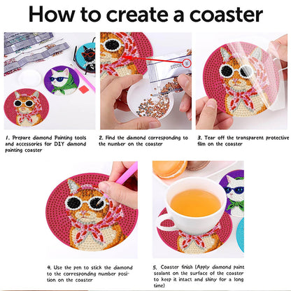 8 Pcs Cat Diamond Painting Coasters Kits with Holder,Cat Wearing Glasses Diamond Art Coasters with Wooden Pad for Adult,DIY Round Drill Gem Drink Coaster Art Craft Supplies for Home Decor 4x4 Inch.